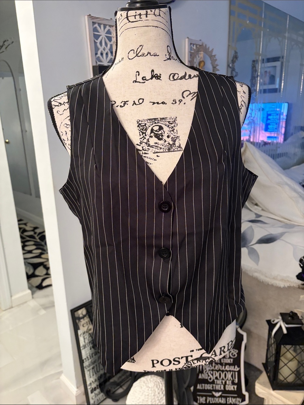 Black Pinstripe V-Neck Button Front Women's Vest
